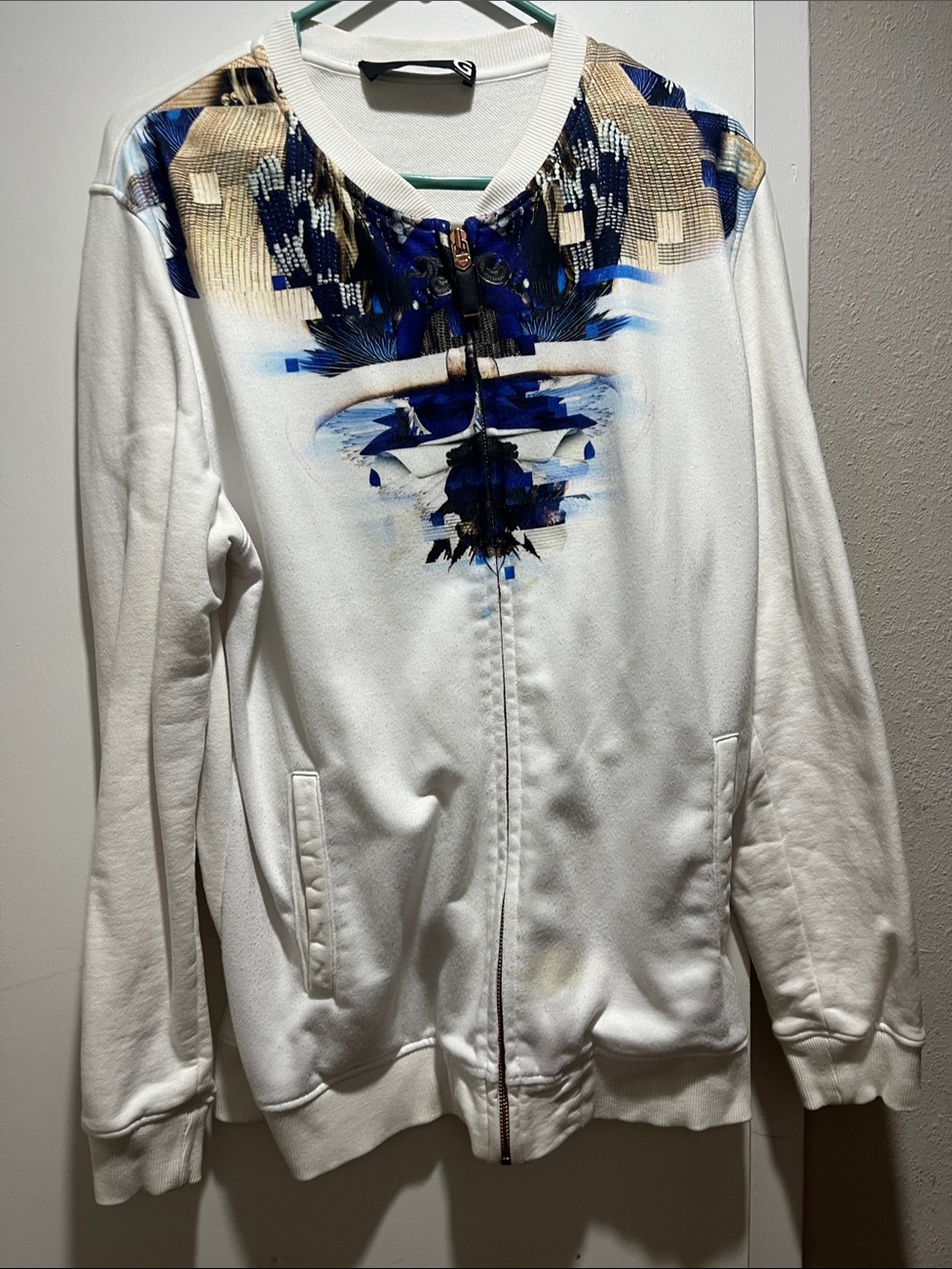 Givenchy White Zip-Up Sweater Jacket with Blue and Tan Graphic